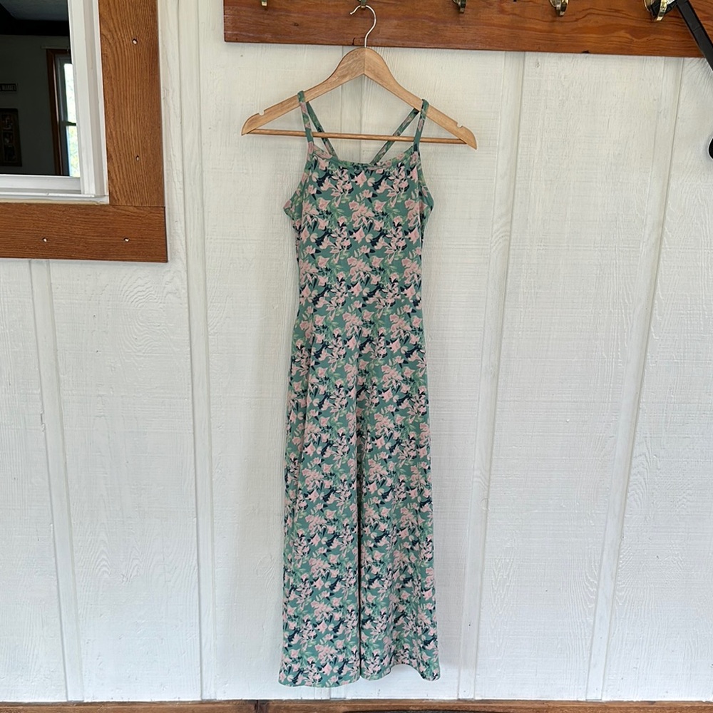 Pact Green Floral Strappy Maxi Dress with Pink Flowers